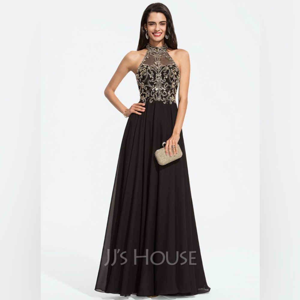 JJ’House A-line High Neck Floor-Length Chiffon Evening Dress Beading Sequins